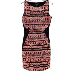 Hale Bob Sequin Bodycon Dress Small Black Tribal Print Sleeveless